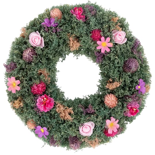 13&#x22; Pink Rose &#x26; Purple Thistle Spring Wreath